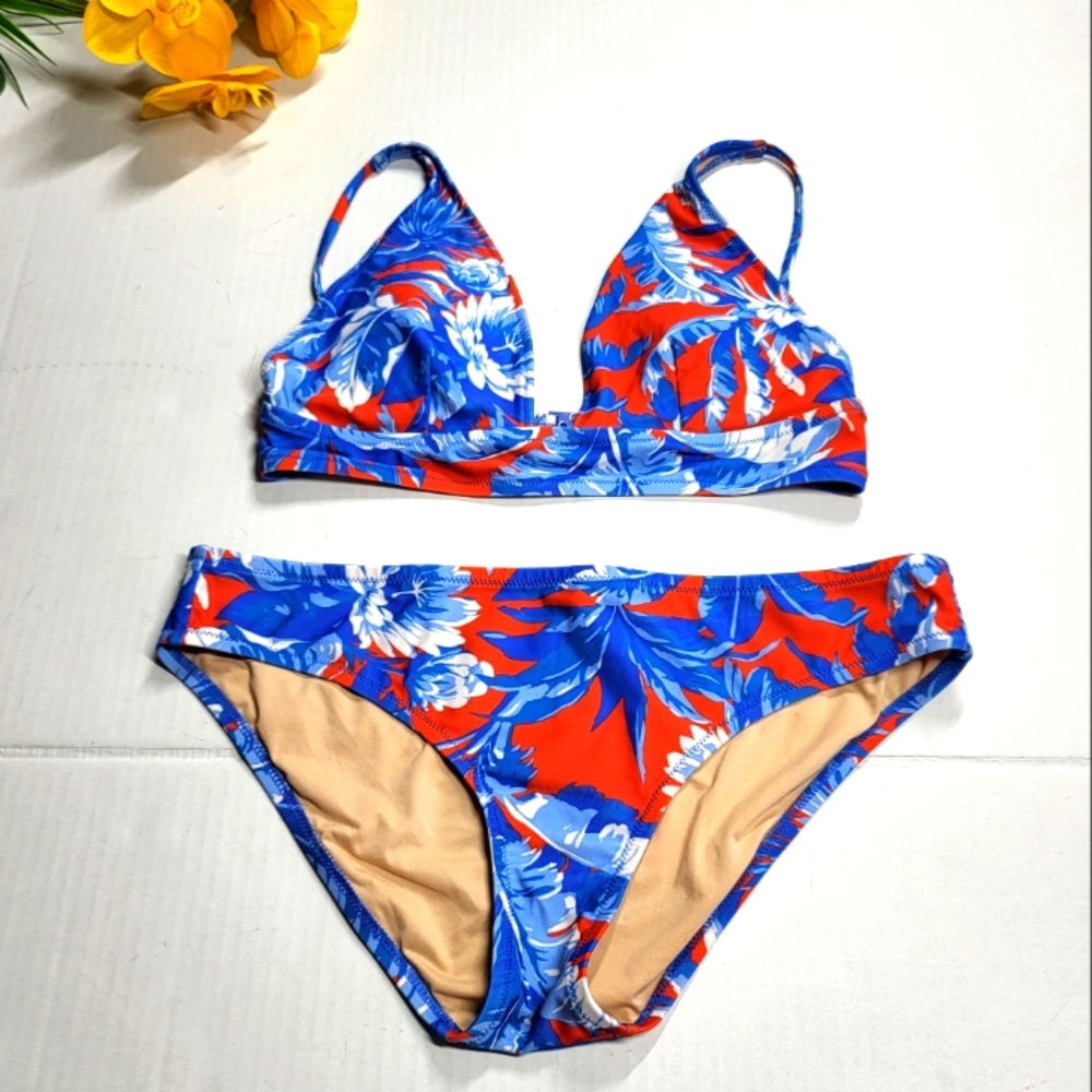 J. Crew 2 Piece Bikini Set Tropical Floral Red Royal Blue Size M